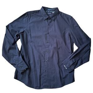 NWOT  - DENIM & FLOWER, NAVY BLUE dot button down shirt, Size Large